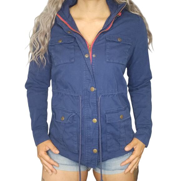 Navy Blue Cargo Jacket Womens Medium Gold Red Hooded Full Zip Utility Chore - Picture 1 of 16